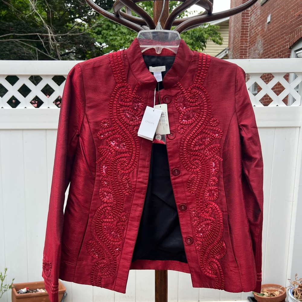 Chico's Red Embellished Mandarin-Collar Jacket
